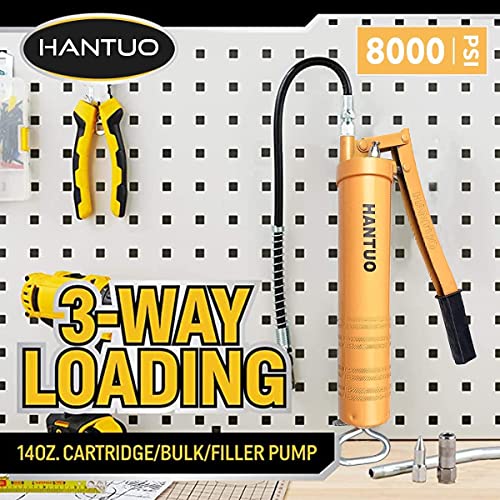 Hantuo Grease Gun, 8000 Psi Heavy Duty Lever Action Grease Gun Kit, 14 Oz Or 400Cc Bulk Grease- Includes 12" Flex Hose, 1 Metal Extension Tubes,1 Reinforced Standard Coupler And 1 Sharp Type Nozzle #TOP6