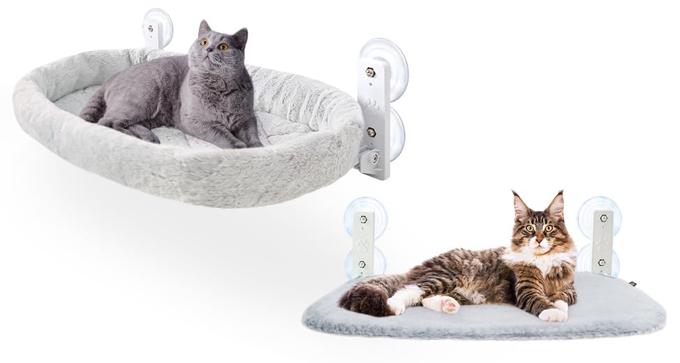 SunhooCat Window Cushion Perch (Cushion/Grey) with Foldable Cat Window Bed(Plush+mesh/Grey) No Drilling 4 Strong Suction Cups Heavy Metal Frame 20.5 * 11.8in Washable Cover Easy Assembly