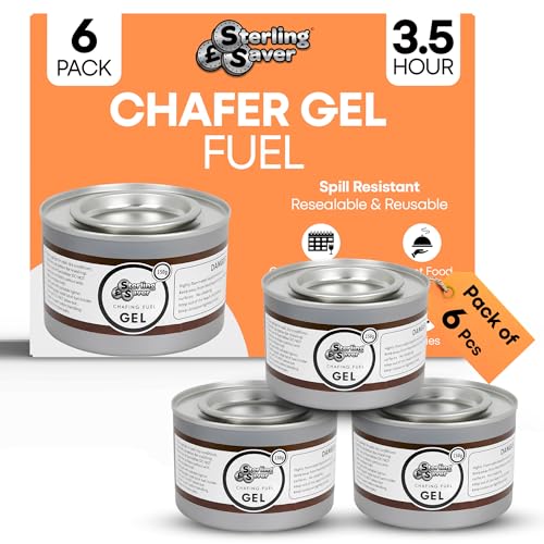 SterlingSaver Pack of 6 Bain Marie Chafing Dish Fuel Gel Cans 3.5 Hours | Odourless Heat Source Buffet Food Warmers For Indoor And Outdoor Use | 210 Mins Long Burn Time For Parties and Catering Events