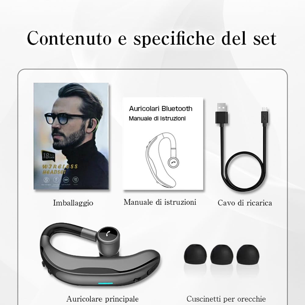 Auricolare Wireless Bluetooth 5.4 Mono/Indip. (L/R), 200h standby, ENC, HiFi, IPX4, 180° rotazione, 12g ultra-leggero, compatibile iOS/Android. Design ad aggancio.(rosso)