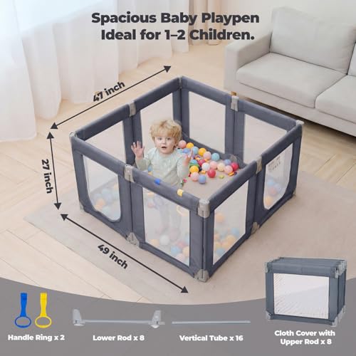 Image of Foldable Baby Playpen, 47 inchx49 inch Collapsible Play Pen for Babies Toddlers, 360 Vision Mesh Play Yard with Zipper Gate, Adjustable Shape Safety Baby Fence with Handles, Portable Indoor Outdoor, Grey