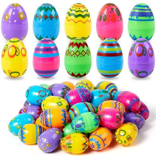JOYIN 36PCS 2.3' Printed Empty Colorful Plastic Eggs Fillable, Bright Plastic Eggs Bulks for Festival Hunt, Filling Treats, Party Favor, Basket Stuffers, Classroom Prize Supplies