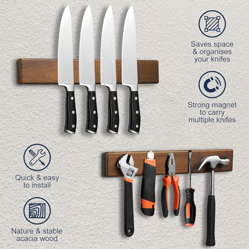 ENOKING Magnetic Knife Holder for Wall, Knife Magnetic Strip No Drilling 40 cm, Powerful Magnetic Kitchen Knife Holder, Acacia Wood Wall Knife Holder Magnet Magnetic Knife Bar with 4 Hooks - Image 6