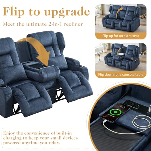 Image of Loveseat Recliner Sofa with Flip-up Console,RV Wall Hugger Recliners for Small Spaces,Reclining Loveseat Sofa Recliner with Cup Holders /Lumbar Pillows,RV Furniture (Blue, 68 inch 2-Seater)