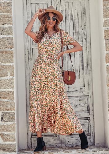 PRETTYGARDEN Women's Summer Maxi Dress Casual Wrap Floral Boho Short Sleeve V Neck Split Ruffle Beach Long Dresses