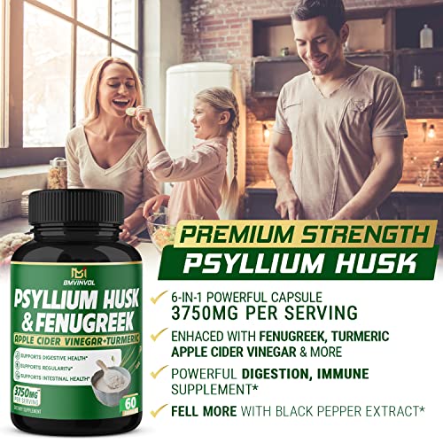 Bmvinvol Psyllium Husk Capsules 3750Mg - Fenugreek, Apple Cider Vinegar, Turmeric - Fiber Supplement For Supports Digestive Health & Regularity (60Count) #TOP5