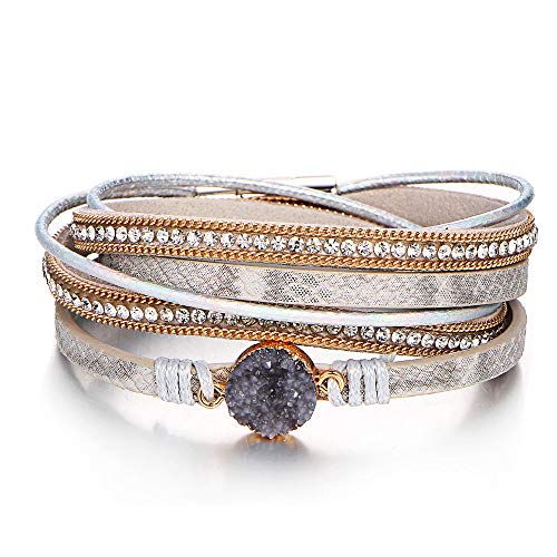 Image of Fesciory Leather Wrap Bracelets for Women, Boho Leopard Multi-Layer Crystal Beads Cuff Bracelet Jewelry