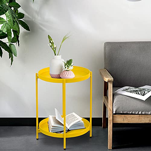 Funme Folding End Table 2-Tier Metal Round Side Table With Removable Tray For Living Room (Yellow) #TOP1