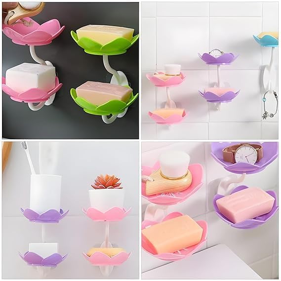 GaxQuly Flower Design Soap Dish Holder | Double Layer Self Adhesive Wall Hanging Soap Storage Rack for Kitchen Bathroom | Soap Stand with Magic Sticker | Wall Mounted Sponge Holder Sabundani (1) 4