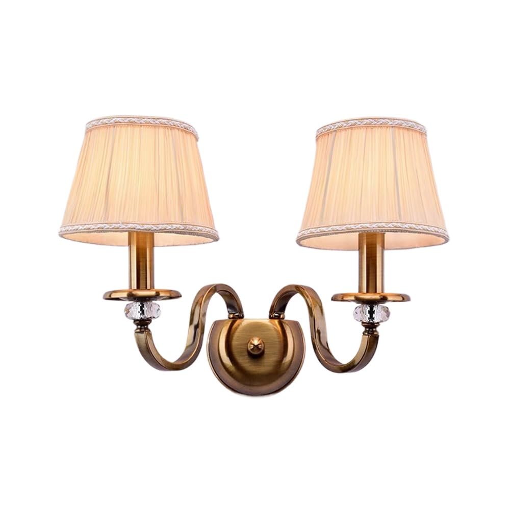 Wandleuchte aus antikem Messing, Retro-Stil, rustikaler Stil, mit Lampenschirm aus Plissee-Stoff, Mitte des Jahrhunderts, aus Kristall, E14, dekorative Lampe für Schlafzimmer, 2 Kopf