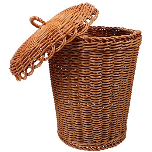 Image of Alipis Imitation Rattan Woven Trash Basket with Lid 12.20X9.64X9.44 Inch Desktop Garbage Bin for Home Office Study Storage Organizer Sundries Container