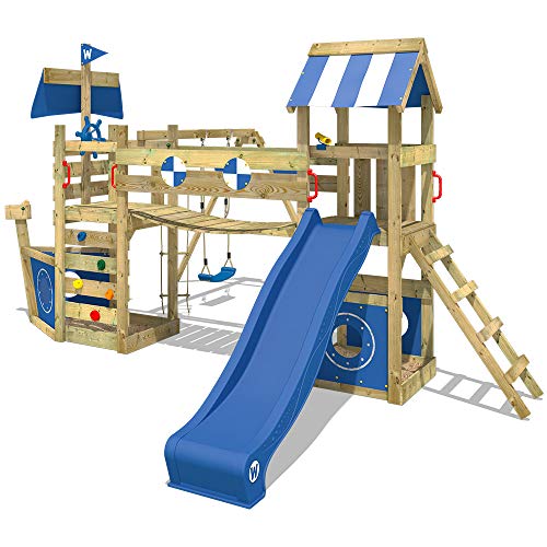 WICKEY Parque infantil de madera StormFlyer con columpio y tobogán azul, Casa de juegos de jardín con arenero y escalera para niños