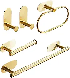 Kit Acessórios para Banheiro em Aço Inox 304, 5 Peças, Instalação Adesiva 3M, acabamento Moderno Luxuoso Dourado