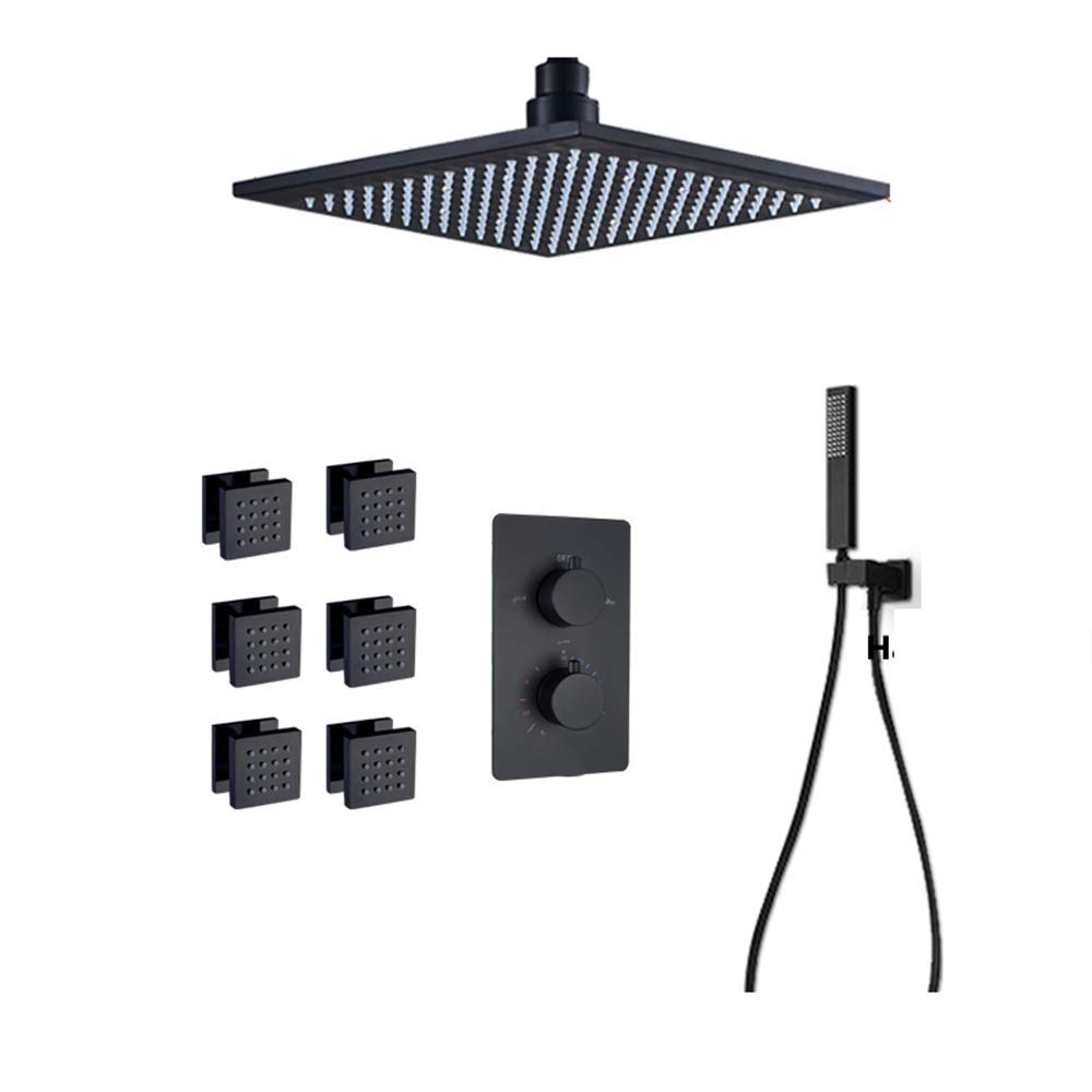 AYCDL Thermostatic Rain Black Rain Mixer Shower Combo Set Ceiling Mounted Bathroom Shower Faucet Set with Shower Head, Handheld Shower, Body Jets, Embedded Box,16 Inc,size_name-16 Inches