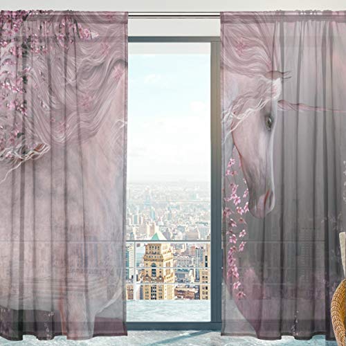 Mnsruu Fenster Vorhänge, Gardinen Platten Fenster Behandlung Set Voile Drapes Tüll Vorhänge Einhörner, 198 cm lang für Wohnzimmer Schlafzimmer Girl 's Room 2 Platten