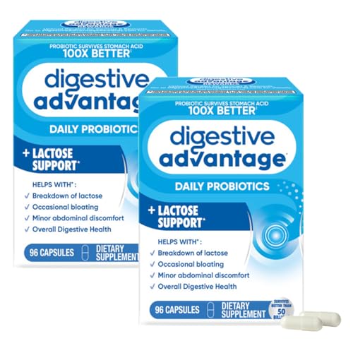 Image of Digestive Advantage Probiotics + Lactase Digestive Enzymes for Digestive Health, Daily Probiotics for Women Men Occasional Bloating, Lactose Breakdown, Immune Support, 96ct (Pack of 2)