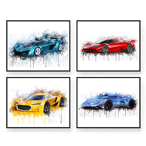 Car Poster - Car Posters for Boys Room, Car Room Decor, Car Wall Art Room Decor for Men - Set of 4 Car Decor for Boys Room - Race Car Bedroom Decor For Boys Watercolor - Unframed (10x8in)