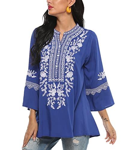 Higustar Mexican Shirts for Women Embroidered Tops Traditional Style Tunics Floral 3/4 Sleeve Plus Size Boho Peasant Blouse