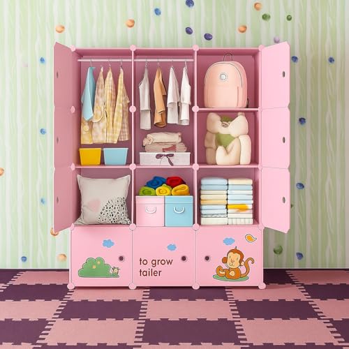 Image of Mevigo Foldable Plastic Wardrobe for Clothes - 12- Door Baby Cupboard for Clothes Storage, Wardrobe for Kids, Plastic Almirah, Collapsible Wardrobe for Kids Livingroom & Home (Pink- R4, 12- Door)