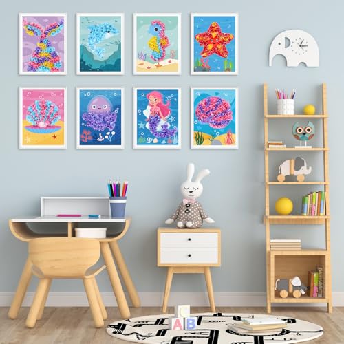 Image of Lonfliness 8PCS Poke-in Craft and Art Kit Mermaid Theme No-Mess Fabric Sewing Art Puzzle Puncture Painting DIY Ocean Sea Animals Toy Gifts for Activity Game Birthday Party