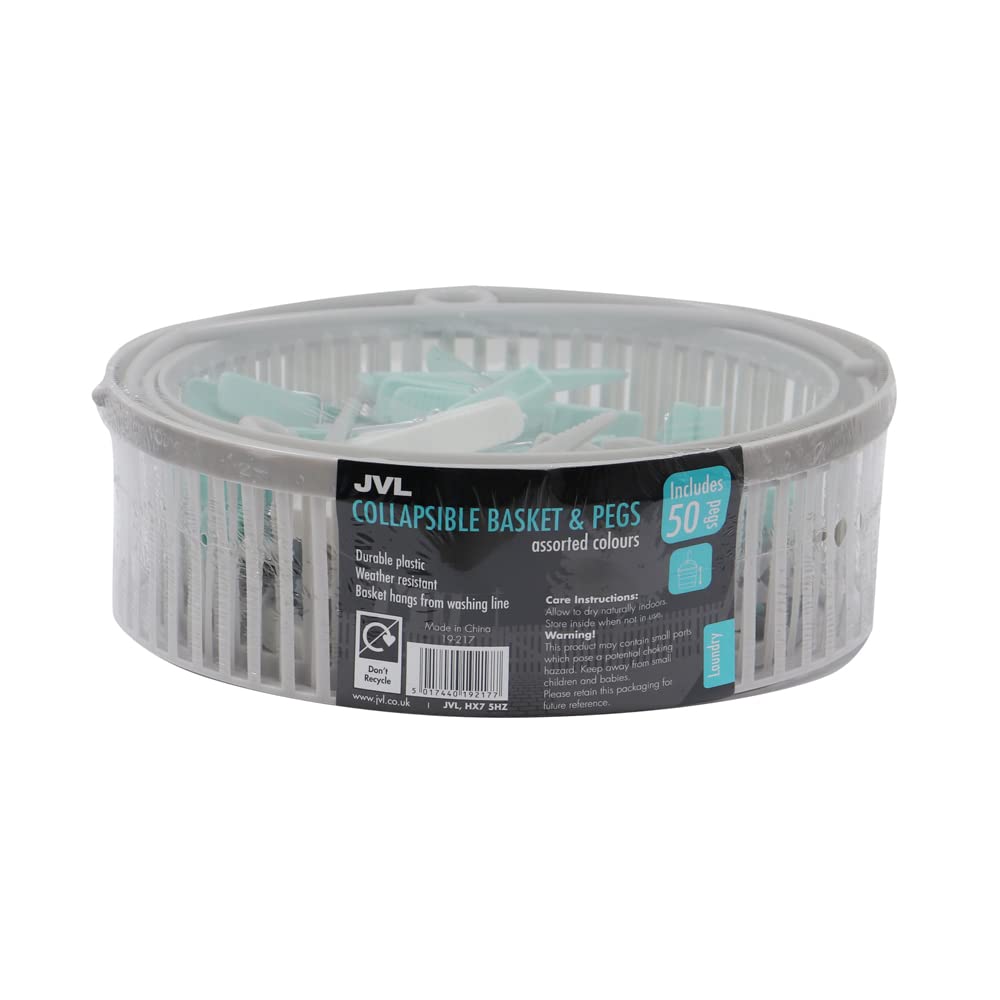 JVL Plastic Peg Basket With 102 Birch Wood Pegs