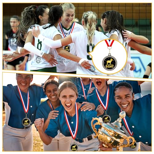 Ferreve 16 Pcs Greatest of All Time Champ Medal with Neck Ribbon G. O. A. T. Pendant Medal Award Funny Recognition Football Medals MVP Necklace Fantasy Sports Award for Tournament League Champion