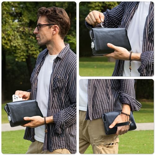 Image of Top Grain Genuine Leather Handbag Wallet for Man & Woman, Handmade Retro Design, Combination Lock & Retractable Hand Strap & Multi Pockets /Slots, Portable RFID for Cards /Checks /Phone /Banknote, Black