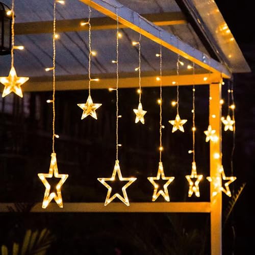Friedwohl - Guirlanda luminosa (2,3 m, 138 LED, cortina luminosa, luz de Natal, com tomada branca quente, janela interior, exterior, decoração, grinalda de luzes com 12 estrelas LED