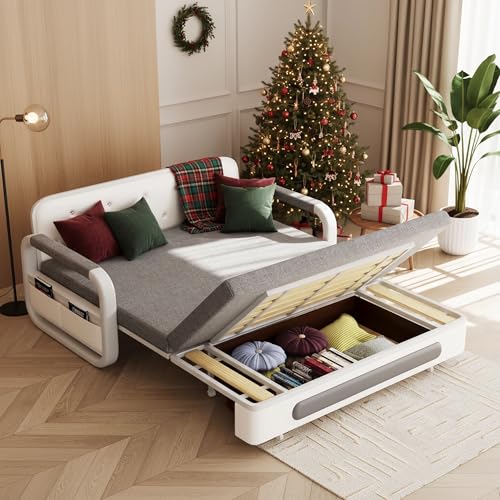 Cyclauricate Pull Out Sofa Bed Double with Storage - 2 Seater Grey Futon Couch for Small Spaces, Living Room Guest Bed (158cm Wide)