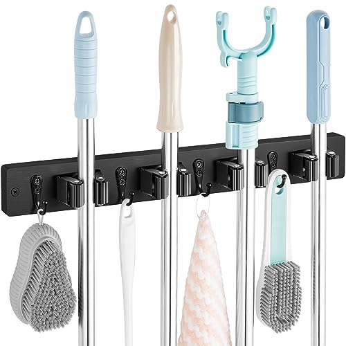 Image of OUTNILI Black Mop Broom Holder Wall Mount with 4 Slots & 4 Hooks - Rustic Wood Broom Mop Hanger for Pantry Closet Laundry Room Organization - Heavy Duty Garden Tool Organizer - Black Kitchen Decor