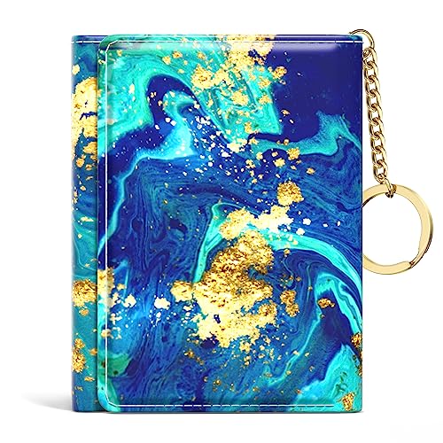 Image of Rouidr Womens Wallet, Small Slim RFID Card Wallets for Women, Cute Front Pocket Trifold Leather Card Organizer with 7 Slots & ID Window, Ocean Teal Marble