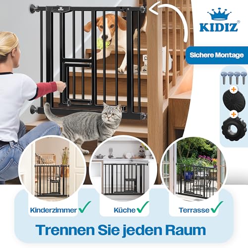 KIDIZ Absperrgitter zum Klemmen mit Katzenklappe, Türschutzgitter, Autoclose Kinder Treppengitter ohne Bohren | 90° Stopp Schutz, schwenkbar, Treppenschutzgitter, Schwarz, Breite: 81-87 cm