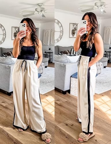 Lentta Womens Linen Wide Leg Pants Side Striped Palazzo Pants Beach Pants with Pockets Lounge Vacation Outfits4