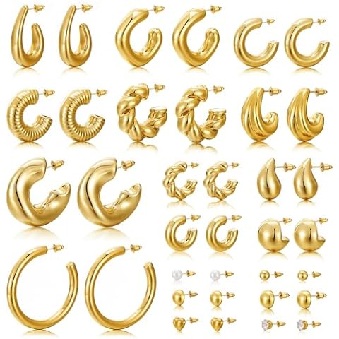 KISS WIFE Chunky Gold Earrings, 18 Pairs Chunky Gold Hoops Set Gold Jewelry for Women Christmas Gift Cover