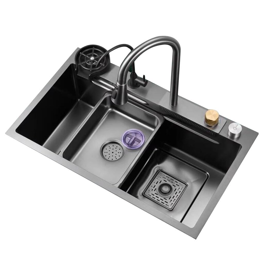 Lavello a sifone a cascata con accessori per rubinetto, multifunzione, in acciaio inox, colore nero