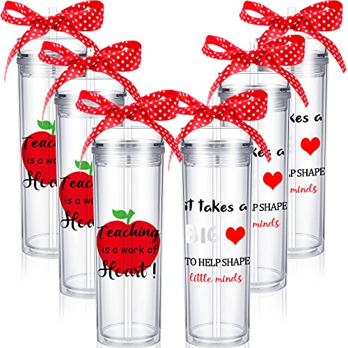 Roshtia 6 Pcs Teacher Appreciation Tumblers Bulk Gifts 16 oz Clear Acrylic Skinny with Straw, Lid and Wide Ribbon Plastic Cups Water Bottle for Teachers Grad Birthday, YOU-Roshtia-786
