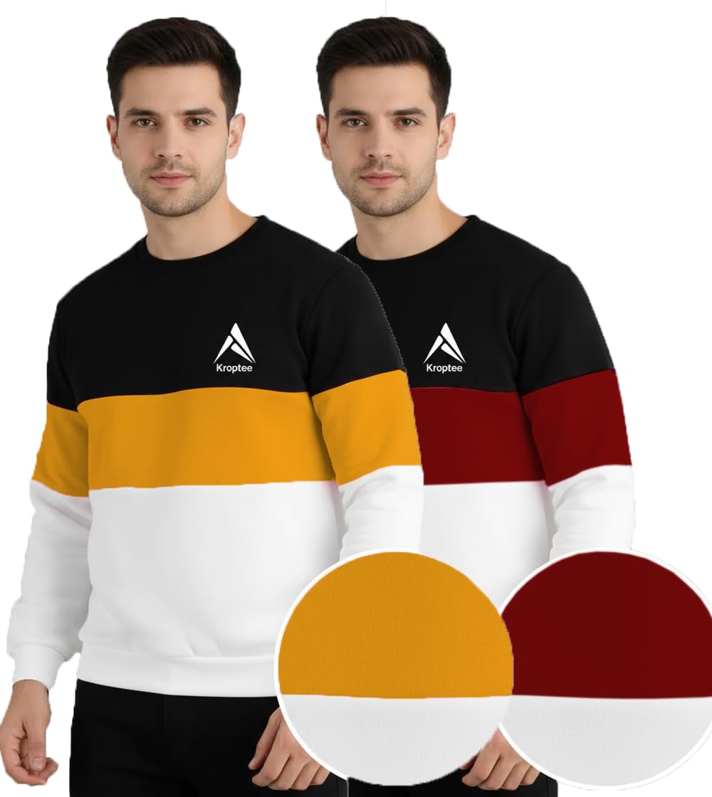 Kroptee Stylish Men's Color Block Sweatshirt Round Neck Sweatshirt(Mustard & Maroon,M) 1