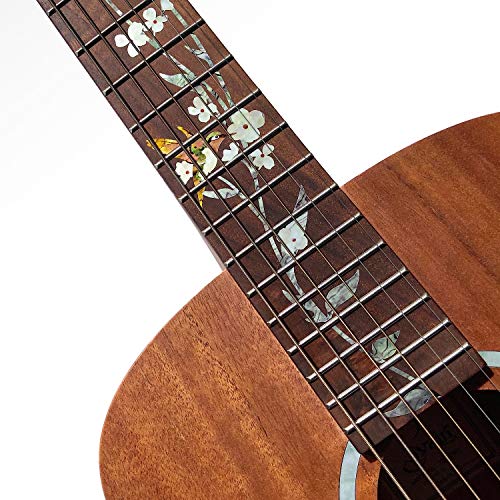Image of Inlay Sticker Fret Markers for Guitars - Tree of Life w /Hummingbird, FT-055TL-HM | Full-length vines, leaves, and white blossoms frame a hummingbird at the 12th fret for a decorative pearl-style inlay look.
