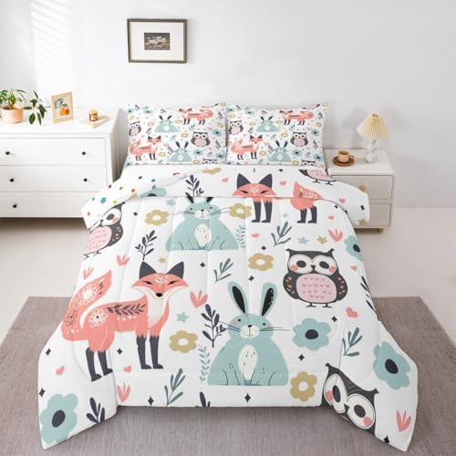 Image of Feelyou Fox Rabbit Owl Comforter Set Toddler Size, Cartoon Fox Comforter for Kids Toddler Cute Rabbit Comforter Set Toddler Size Tropical Kawaii Animal Duvet Set Durable Quilt Set
