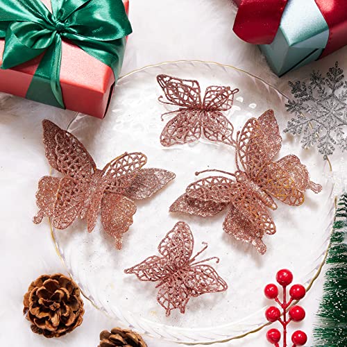16 Pcs Glitter Christmas Tree Butterfly Ornaments, 2 Styles Hollow Butterfly Christmas Decorations With Clips, Artificial Butterfly Ornaments Decoration For Christmas Tree, Holiday Crafts - Rose Gold #TOP5
