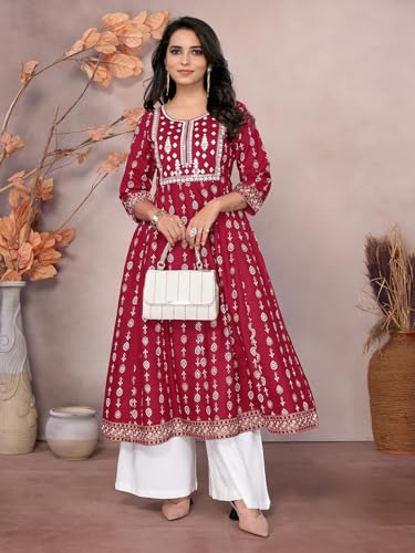 Image of rangita Women Rayon Regular Fit Embroidered Calf Length Anarkali Kurti | Kurta