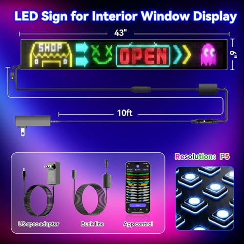 Image of Large Programmable LED Sign, P5 Resolution Indoor Store LED Sign, Bluetooth APP, for Business Retail Shop Window Display (43 inchx 6 inch)