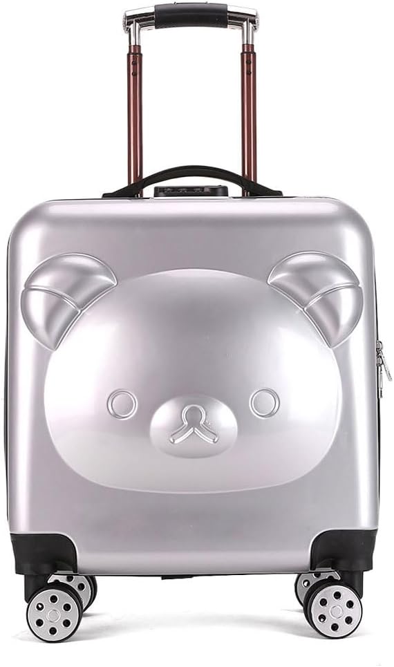 GenericChildren Luggage Case, Kids Plastic Trolly Suitcase, Portable Rolling Bag for Girls Boys Travel, Students School Luggage Bag with 360° Wheels & Cute Cartoon Design (020-Bear, Silver)