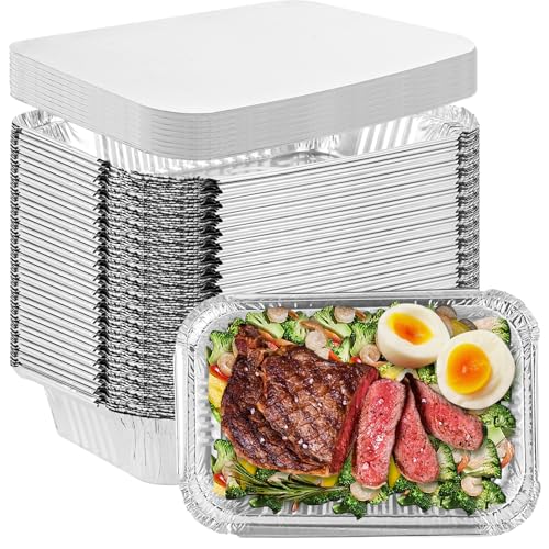 SENENQU 50PZ ​​Bandejas Aluminio Desechables Grandes​​ 1900ml con Tapa - Bandejas Desechables Aluminio Cuadradas para Horno, Asar, Vocinar - 26x19.5x6.5CM