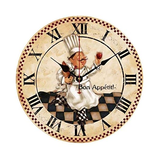 Moonluna Bon Appetit Italian Cooking Chef Drink Wine Antique Wooden Clock Battery Operated Silent Non-Ticking 12 Inches Wall Clock