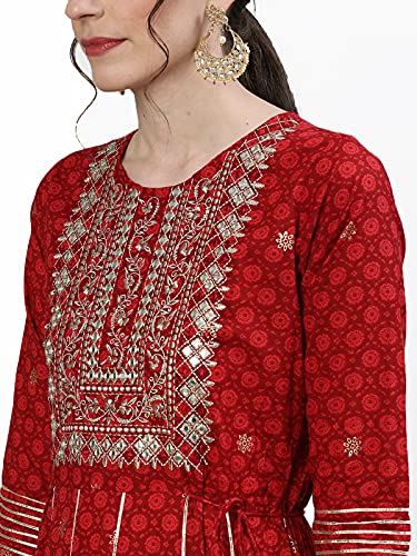 Image of Ishin Women's Cotton Regular Fit Anarkali Embellished Zari Embellished Print Red Kurti