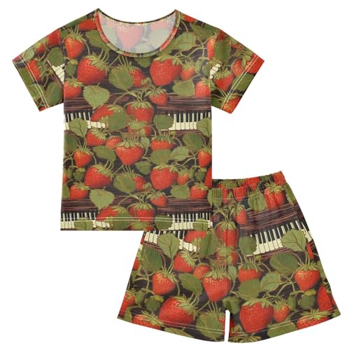 ALAZA Vintage Strawberries Music Theme Pajama Set Short Sleeve Sleepwear Soft Lounge Nightwear