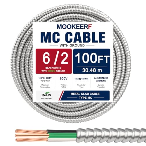Image of 6 /2 MC Cable with Ground - 100FT Pure Copper 6AWG /2 Metal Clad Wire with Aluminum Armor 6 Gauge 2 Conductor Type MC Alum Cable