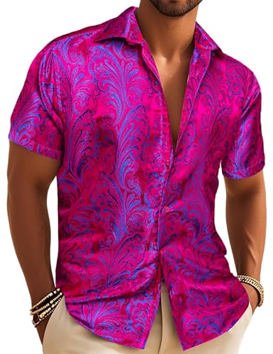 Barry.Wang Men’s Paisley Short Sleeve Shirt Hot Pink Western Floral