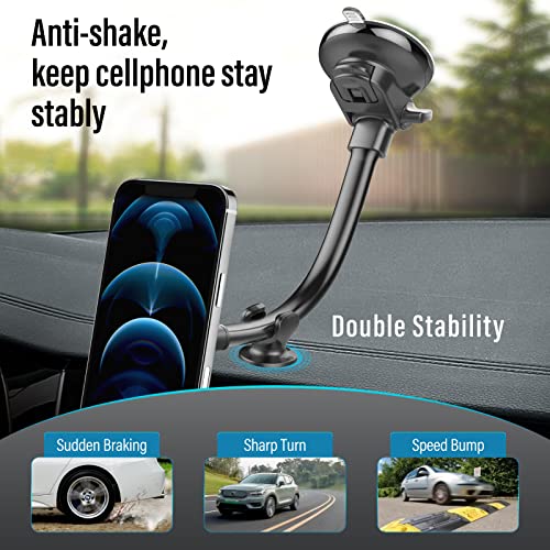 Universal Magnetic Phone Holder For Car, Gps Heavy Duty Gooseneck Magnet Mount [ Strong Suction Cup & Metal Plate] For Dashboard Auto Window Windshield, Long Arm Adjustable Stand For Iphone 14 Tablet #TOP3